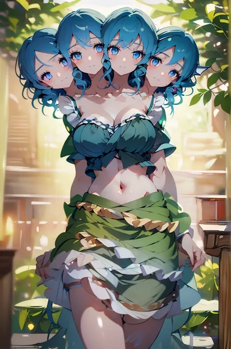 (masterpiece, best quality), best quality, (ultra-detailed), (3heads:1.5), 1girl, (ultra-detailed), (3heads:1.5), 1girl, (wakasagihime:1.3), masterpiece, best quality, ultra quality, ultra resolution, ultra detail, green top, crop top, ((stomach)), midriff...