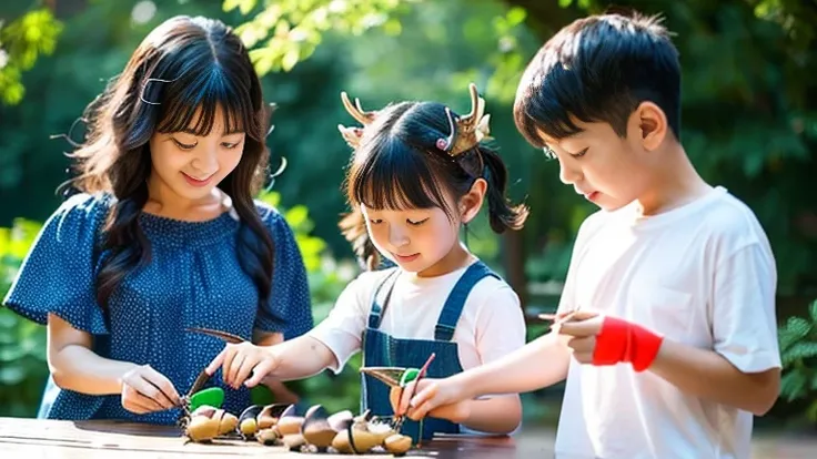 草原でChildren playing with beautiful stag beetles、Children playing with beautiful stag beetles、