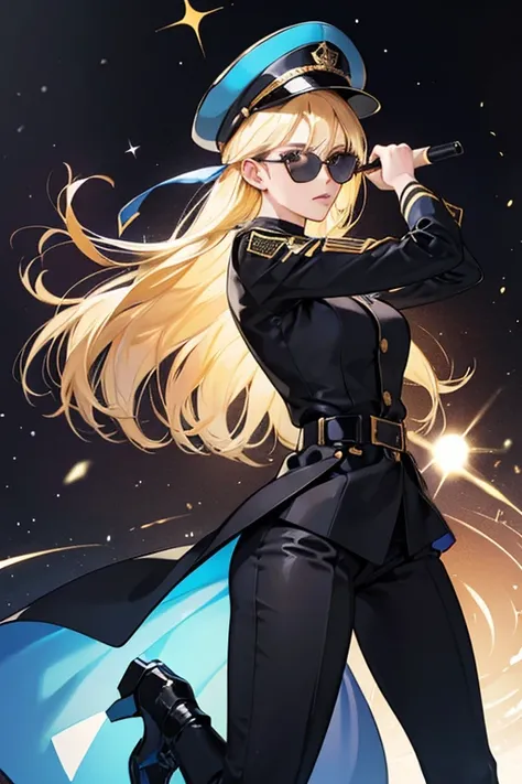 blond hair . she wears black sunglasses and is always seen in his uniform, which is blue with a matching hat. her police suit consists of a black belt, black boots, and a baton.  SPARKLE; GLITTER