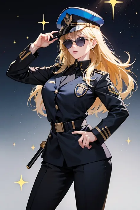 blond hair . she wears black sunglasses and is always seen in his uniform, which is blue with a matching hat. her police suit consists of a black belt, black boots, and a baton.  SPARKLE; GLITTER