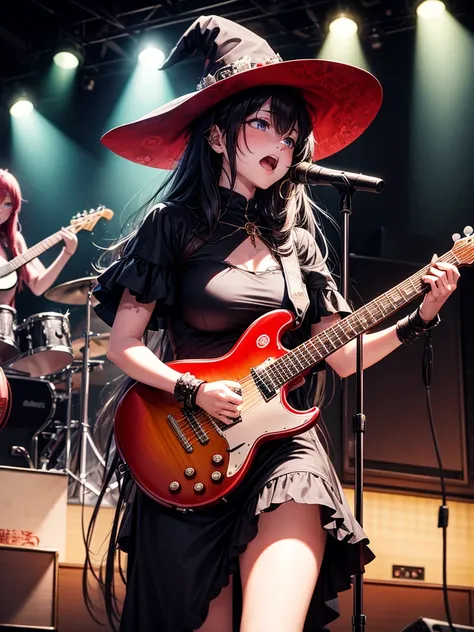 a three-woman metal band dressed in witch costumes、arrived in japan and held a mass at a live venue、neck slashing pose、the inten...