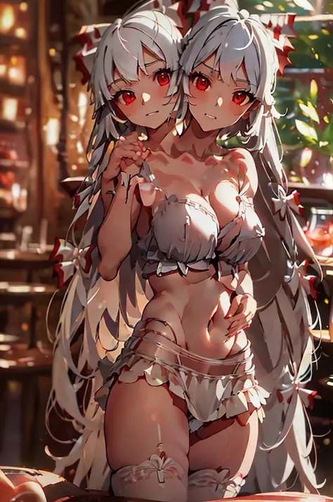 (masterpiece, best quality), best quality, (ultra-detailed), (3heads:1.5), 1girl, (fujiwara no mokou:1.3), masterpiece, top best quality, ultra quality, ultra resolution, ultra detail, white top, crop top, ((stomach)), midriff, ((groin)), red skirt, normal...