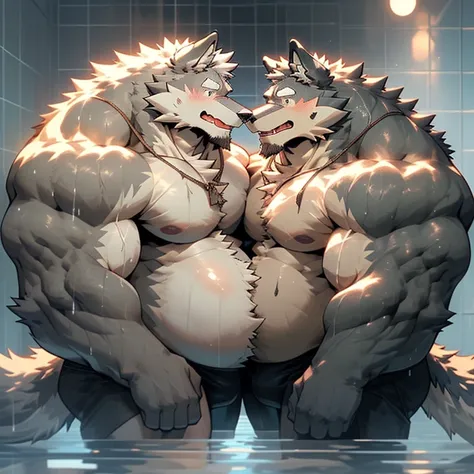 A couple of 2 macro blue muscular and obese belly wolf hugging and kissing like a loving couple, flexing there muscles and showing off their bulge and their macro guts and his enormous chest, big fat huge enormous pecs, pecs are giant, pecs are enormous, w...