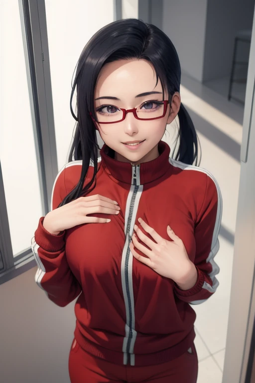 masterpiece, best quality, satou sakie, glasses, wearing sleveless track jacket, red pants, looking at viewer, large breasts, upper body, portrait, looking at viewer, parted lips, smile, hand on own chest, from above,