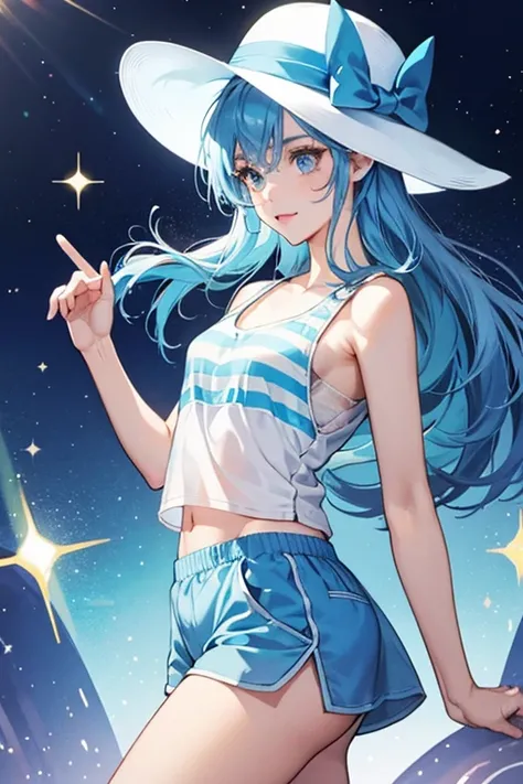 she is a vendor. she wears a white hat with a blue trim, white-and-blue striped shorts, and light blue tank top.  SPARKLE; GLITTER