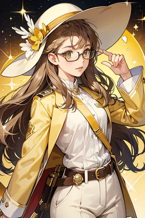 she is a light brown  with a white hat, glasses, and a yellow belt with a shell on it. SPARKLE; GLITTER