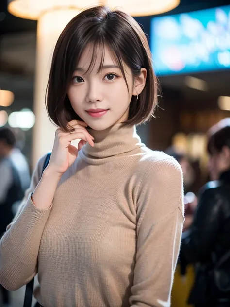 1japanaese girl, kawaii, Cute, lovely, (18yo), Round face
BREAK
(long sleeve、turtleneck:1.3), (bob cut:1.3), Look at us and smile, Upper body, cinematic lighting, soft light, blur background, (Cafe with a retro atmosphere) , masterpiece, best quality, 8K, ...