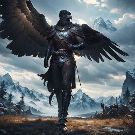 (master piece:1.5), (best quality:1.5), (exquisite lighting and shadow, highly dramatic picture, cinematic lens effect) (Photorealistic picture) (Card game image) 8k, wallpaper, dynamic pose, full body were eagle warrior, mountains background, ethereal lig...