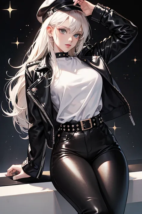 she wears a white shirt underneath a black bikers jacket, black leather pants with a studded belt, black boots, and a black bikers hat. SPARKLE; GLITTER