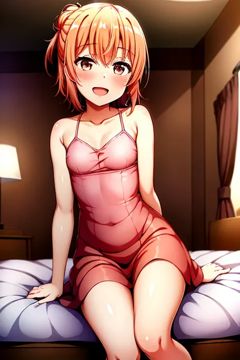 ((highest quality)), ((masterpiece)), (be familiar with), Perfect Face, indoor, Bedroom, Watching the audience,
One woman, Yuigahama Yui,
Open Mouth, Ecstatic expression, blush, smile,
Small breasts, Flat Chest, Young Girl, , , Girl,
Short Hair, Salmon-col...