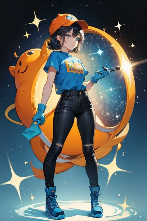 she  in an orange bean suit who wears a sideways cap with a blue shirt and light blue gloves. she wears jeans and black shoes with white laces. SPARKLE; GLITTER