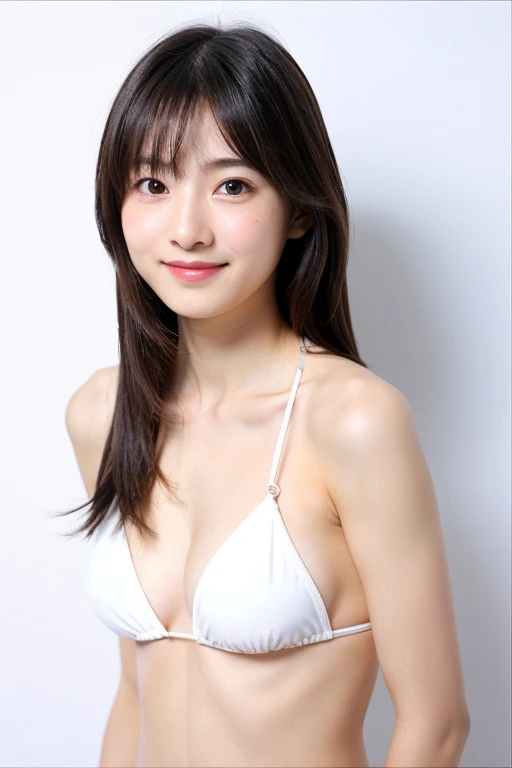 Cute Japanese woman, smile, inorganic snow white background, natural skin, cute, expressionless, neatly arranged long straight hair, neatly arranged bangs, young girl, young face, , short stature, bikini, small breasts , natural skin texture, straight stan...