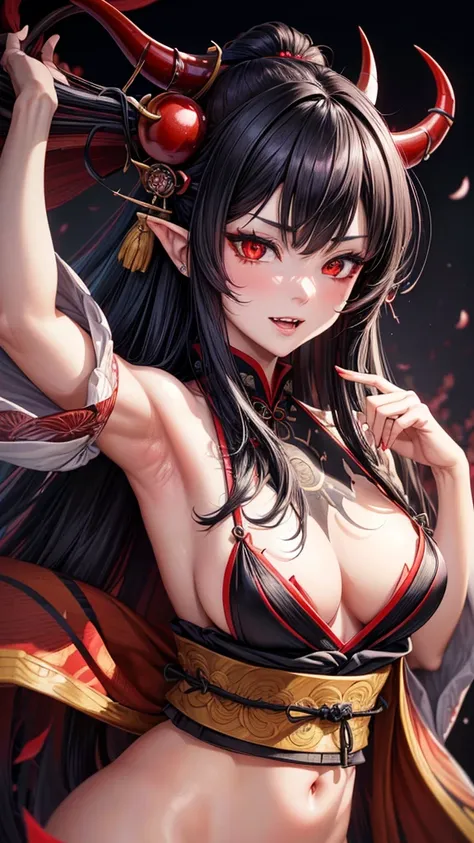 (best quality,4k,8k,highres,masterpiece:1.2),ultra-detailed,realistic,photorealistic:1.37,Oni girl,traditional Japanese art,red and black color tones,evil beauty,long flowing hair,sharp fangs,piercing red eyes,decorative horn,exquisite kimono,floating cher...