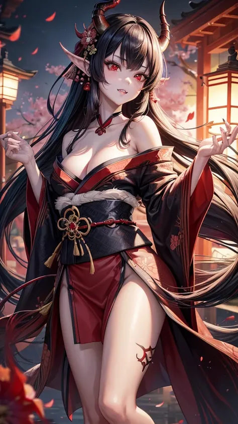 (best quality,4k,8k,highres,masterpiece:1.2),ultra-detailed,realistic,photorealistic:1.37,Oni girl,traditional Japanese art,red and black color tones,evil beauty,long flowing hair,sharp fangs,piercing red eyes,decorative horn,exquisite kimono,floating cher...