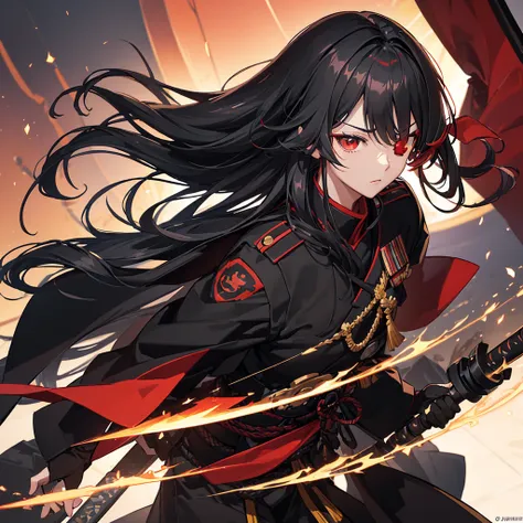 ((blackい髪　long hair　black　military commander　one person　lonely　red flag　eye patch))　((night　japanese style　old　shining aura))　(d...