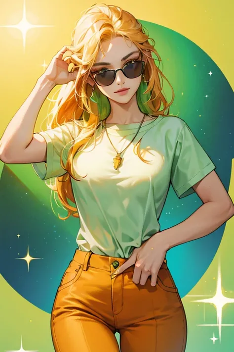 she wears sunglasses, a goatee that is the same color as her skin, a light green shirt, and light orange pants. SPARKLE; GLITTER