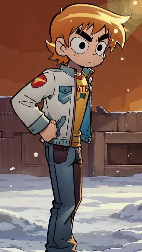 scott pilgrim takes off a boy scott pilgrim orange hair shirt jacket thick eyebrows canada standing alone in the snow