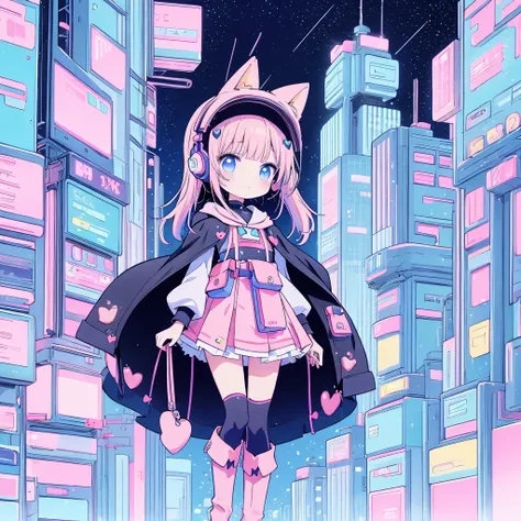 Multiple Girls、Each hairstyle　Hair color is different、masterpiece、highest quality、Anime Magical Girl、cyber punk、Cute heart-shaped magic wand、Hooded cloak、Headset on head、アイドルの服装なのにcyber punk、White long boots、Pouch on the waist、kawaii tech,