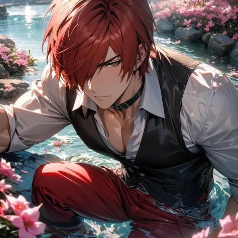 absurdres, highres, ultra detailed, HDR, master piece, best quality, extremely detailed face and eyes, Iori Yagami, red hair, short hair, hair over the right eye, expressive brown eyes, The King Of Fighters, black vest, white shirt, black collar, red pants...