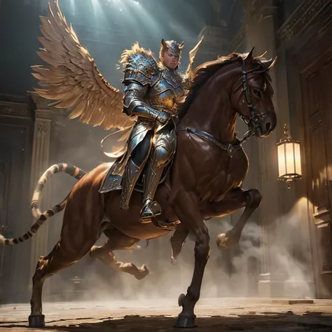 (master piece:1.5), (best quality:1.5), (exquisite lighting and shadow, highly dramatic picture, cinematic lens effect) (Photorealistic picture) (Card game image) 8k, wallpaper, dynamic pose, full body were tiger paladin, winged centaur, sharp focus, highl...