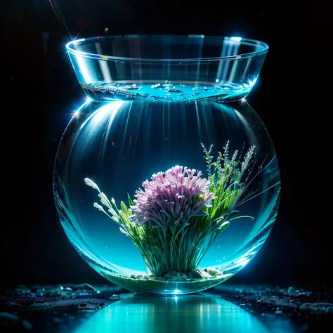 masterpiece, highest quality, raw photo, the underwater world in a glass vessel, crystal clear water, (transparency:1.3), fantas...