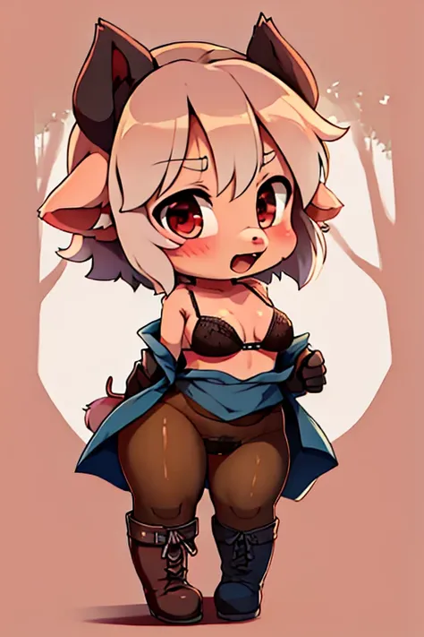 boy, pig, furry, bodyfur, bra, no panties under pantyhose, gloves, boots, chibi