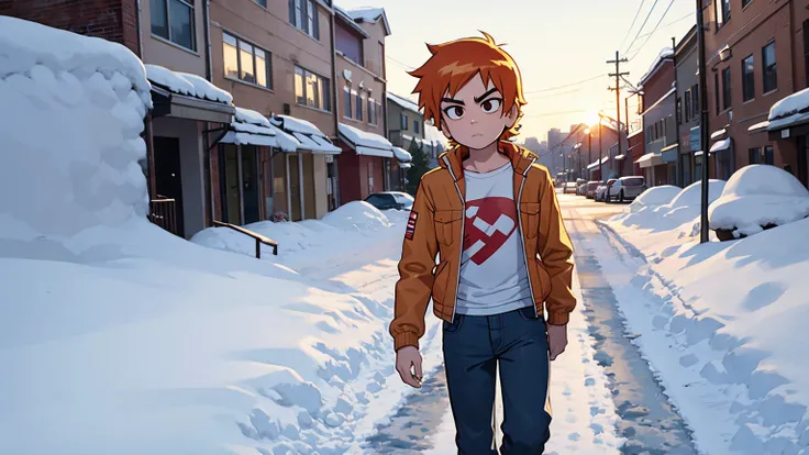 scott pilgrim takes off a boy scott pilgrim orange hair shirt jacket thick eyebrows canada standing alone in the snow