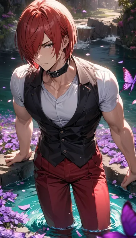 Ultra detailed, Highres, absurdres, HDR, Iori Yagami, red hair, short hair, hair over the right eye, expressive brown eyes, black vest, black collar, white tight shirt, The King Of Fighters, purple flowers, petals, extremely handsome, sexy man, solo, very ...