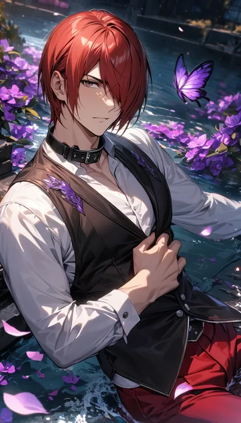 Ultra detailed, Highres, absurdres, HDR, Iori Yagami, red hair, short hair, hair over the right eye, expressive brown eyes, black vest, black collar, white tight shirt, The King Of Fighters, purple flowers, petals, extremely handsome, sexy man, solo, very ...