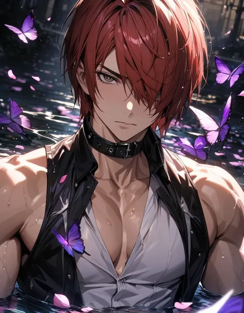 Ultra detailed, Highres, absurdres, HDR, Iori Yagami, red hair, short hair, hair over the right eye, expressive brown eyes, black vest, black collar, white tight shirt, The King Of Fighters, purple flowers, petals, extremely handsome, sexy man, solo, very ...