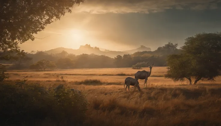 Strange alien landscape, Twin Suns, Atmospheric Color, fields, Background tree々, Dense foliage, animal, picturesque, photograph, synthwave、A huge herbivorous creature、