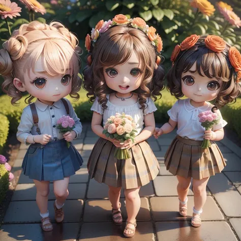 (((Chibi 3D))) (highest quality) (Master Price)　Cute BabiesChibiAnime,Curly Sauvage Hairstyles with Brown Hair,Laughter,Denim shirts and(Floral Pleated Skirt:1.2),The background is the Royal Botanic Gardens, Bouquet of flowers in both hands