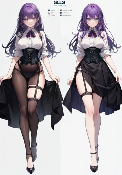 Purple hair,Long hair,Adult female,Bartender,((Body harness)),((Rolling up your sleeves shirt)),(Corset),(skirt),(slit),High heels,((Simple background)),Smile,((Full body)),((whole body)),Character Sheet,