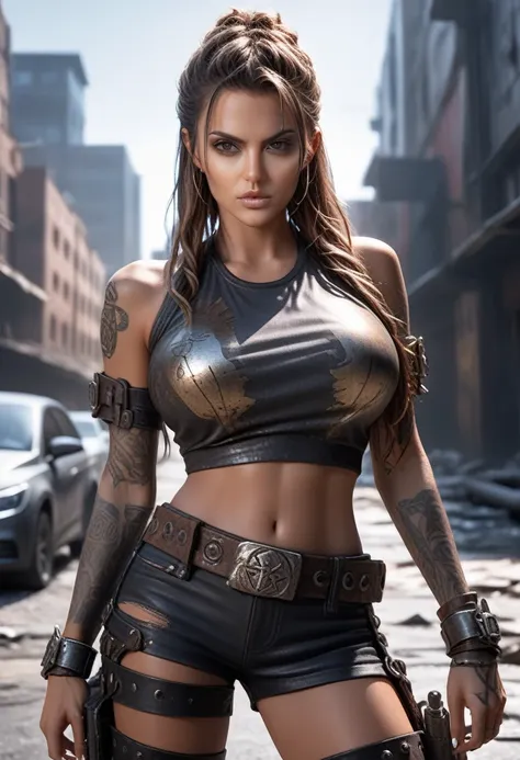 a hyper realistic ultra detailed photograph of a futuristic beautiful barbarian woman wearing sunglasses at a dystopian city, tattered outfit with rusty metal armor plates, long wild hair, tattooed hands and body, fashion pose, detailed symmetric beautiful...