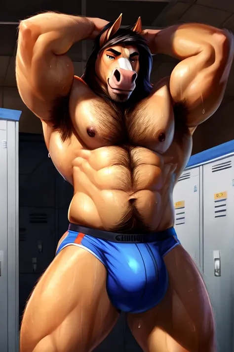 Medium muscular, horse, no shirt, no pants, no shorts, jockstrap, massive bulge, big bulge, large bulge, bulge as big as his head, zoomed in on crotch, (((sweaty))), arms above head, spread legs, standing up, breathing hard, standing in a gym locker room, ...