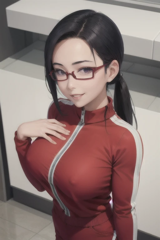 masterpiece, best quality, satou sakie, glasses, wearing red gym outfit, red pants, looking at viewer, large breasts, upper body, portrait, looking at viewer, parted lips, smile, hand on own chest, from above,