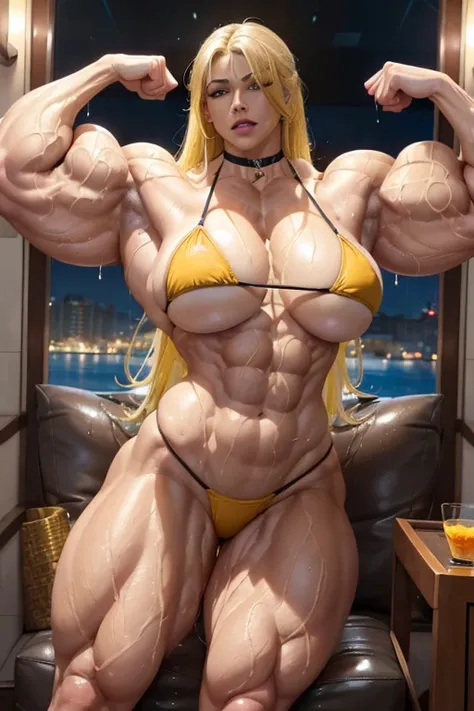 ((((Massive, tall, beautiful, buff, heavily wet, light brown skinned muscular woman with wet yellow hair, black lipstick, ginormous bulky muscles, flexing a bicep in a luxurious yacht and wearing a yellow bikini)))), close view, massive muscle, massive bic...