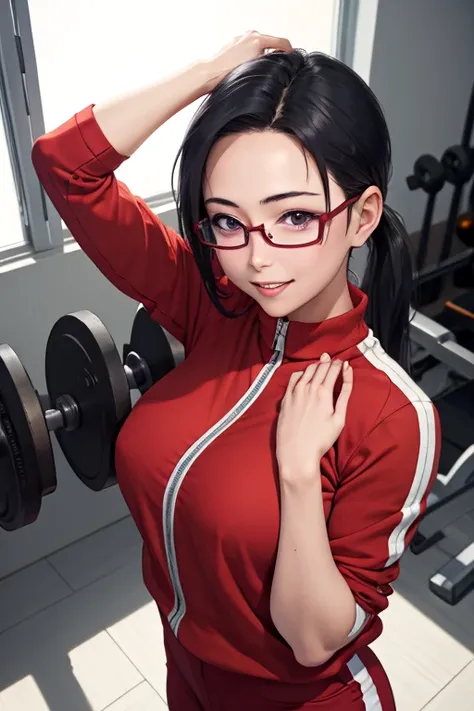 masterpiece, best quality, satou sakie, glasses, wearing red gym outfit, red pants, looking at viewer, large breasts, upper body, portrait, looking at viewer, parted lips, smile, put your hands on your head, from above,