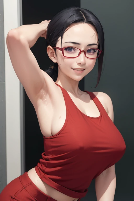 masterpiece, best quality, satou sakie, glasses, wearing red tanktop shirt, red pants, looking at viewer, large breasts, upper body, portrait, looking at viewer, parted lips, smile, both hands raised, armpits, armpits visible, sweaty armpits, from bottom