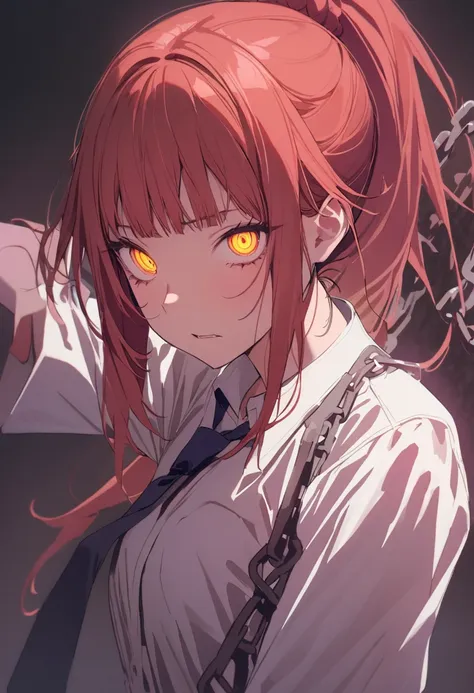 by and.ad, 1girl, makima /(chain saw man/), (solo), scary, red hair, bangs, ponytail, white shirt, tie, scary, glowing eyes, loo...