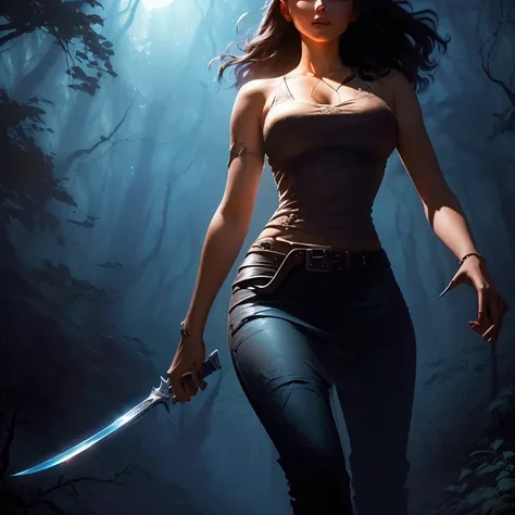 Arafed woman with knife in dark forest at night, Background artwork, Inspired by Jason Edmiston, She has a sword, Charlie Bowater&#39;s art style, zenescope, Character art by Charlie Bowter, Charlie Bowter&#39;s Style, Mobile phone wallpaper, Horror fantas...