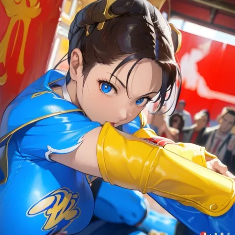 Street Fighter chun li, Perfect eyes, Perfect Iris, Retro, Acrylic art by Artgerm and Gediminas Pranckevicius, intricate, highly detailed, crispy quality, dynamic lighting, hyperdetailed and realistic., 8k, UHD, HDR, (Masterpiece:1. 5), (best quality:1. 5)...