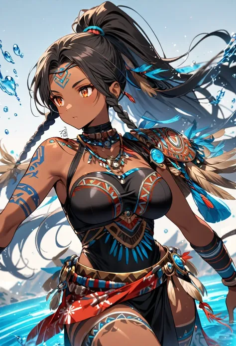 ((dark skinned girl)), ((black high ponytail)), ((amber eyes)), ((floating blue water)), ((tribal tattoos on shoulder)), ((braid...