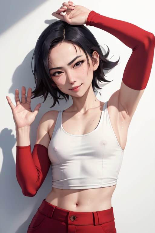 masterpiece, best quality, soifon, wearing white tanktop shirt, croptop, red pants, looking at viewer, small breasts, upper body, portrait, looking at viewer, seductive smile, both hands raised, armpits, armpits visible, sweaty armpits, from above