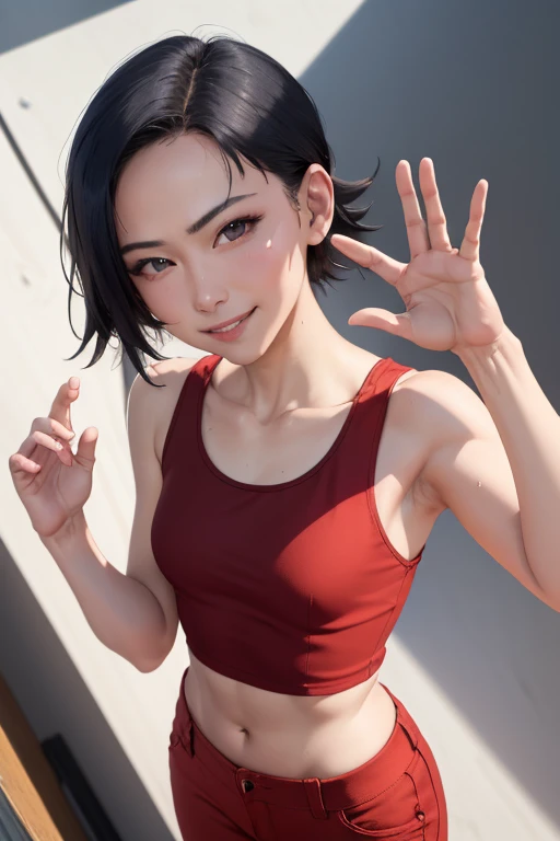 masterpiece, best quality, soifon, wearing white tanktop shirt, croptop, red pants, looking at viewer, small breasts, upper body, portrait, looking at viewer, seductive smile, both hands raised, armpits, armpits visible, sweaty armpits, from above