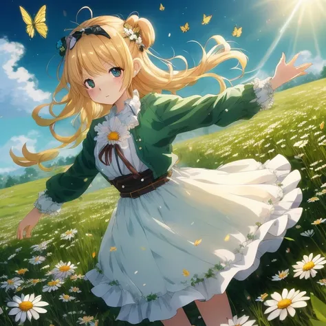 Anime girl in a field of butterflies and daisies, official artwork, Rin, official anime artwork, splash art anime , Anime visuals of cute girls, Official art, , girl dancing in a flower field, in flower field, high detailed official artwork, guweiz on pixi...