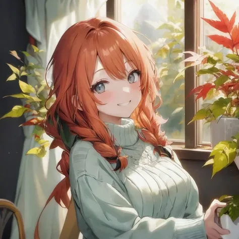 Anime girl with long red hair sitting in front of window, Beautiful Anime Portrait, Beautiful anime girl, Anime visuals of cute girls, Cute anime girl, portrait of cute anime girlbabes, Cunning smile, pretty anime girl, warm and gentle smile, charming anim...