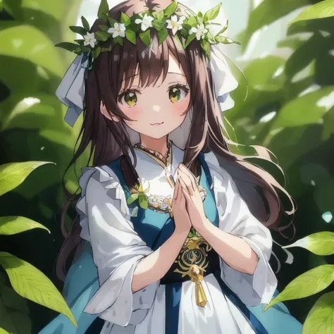 anime girl in blue dress with a crown of flowers on her head, cute anime waifu in a nice dress, a maid in a magical forest, beau...