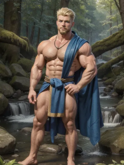 (best quality), masterpiece, ultra-detailed, guy,goatee facial hair, muscular physique,full body portrait,blonde hair,intense blue eyes,stream,forest,hairly chest,loincloth 
