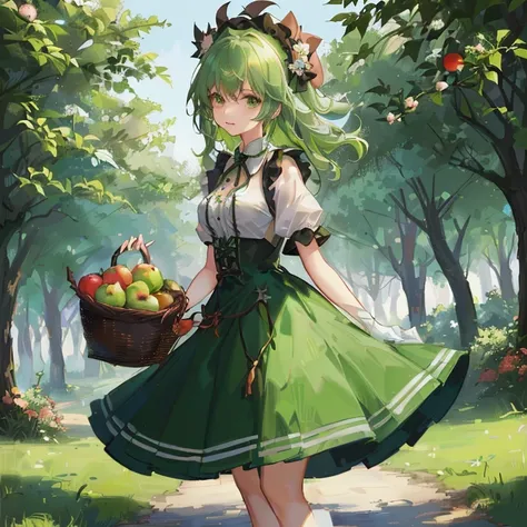 Anime girl with green hair and green dress holding basket of fruits, anime lush john 8k woods, a maid in a magical forest, fey queen of the summer forest, Standing in the apple orchard, a sexy maid in a magical forest, Shirabii, from touhou,  in dress, guw...